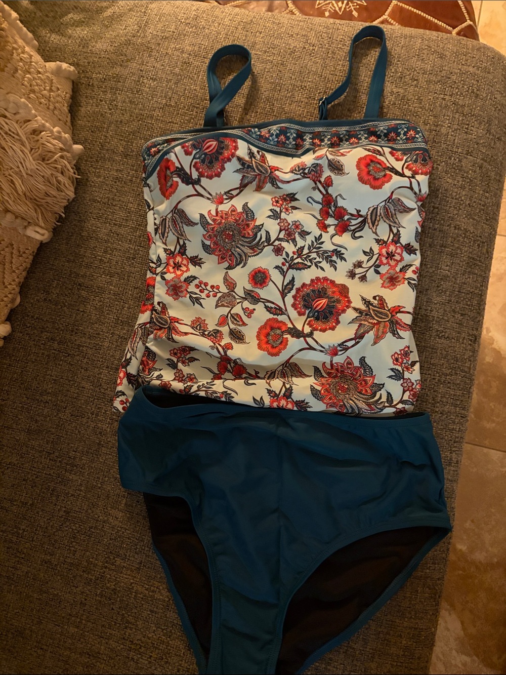 Cupshe Teal and White Floral Tankini Swimsuit